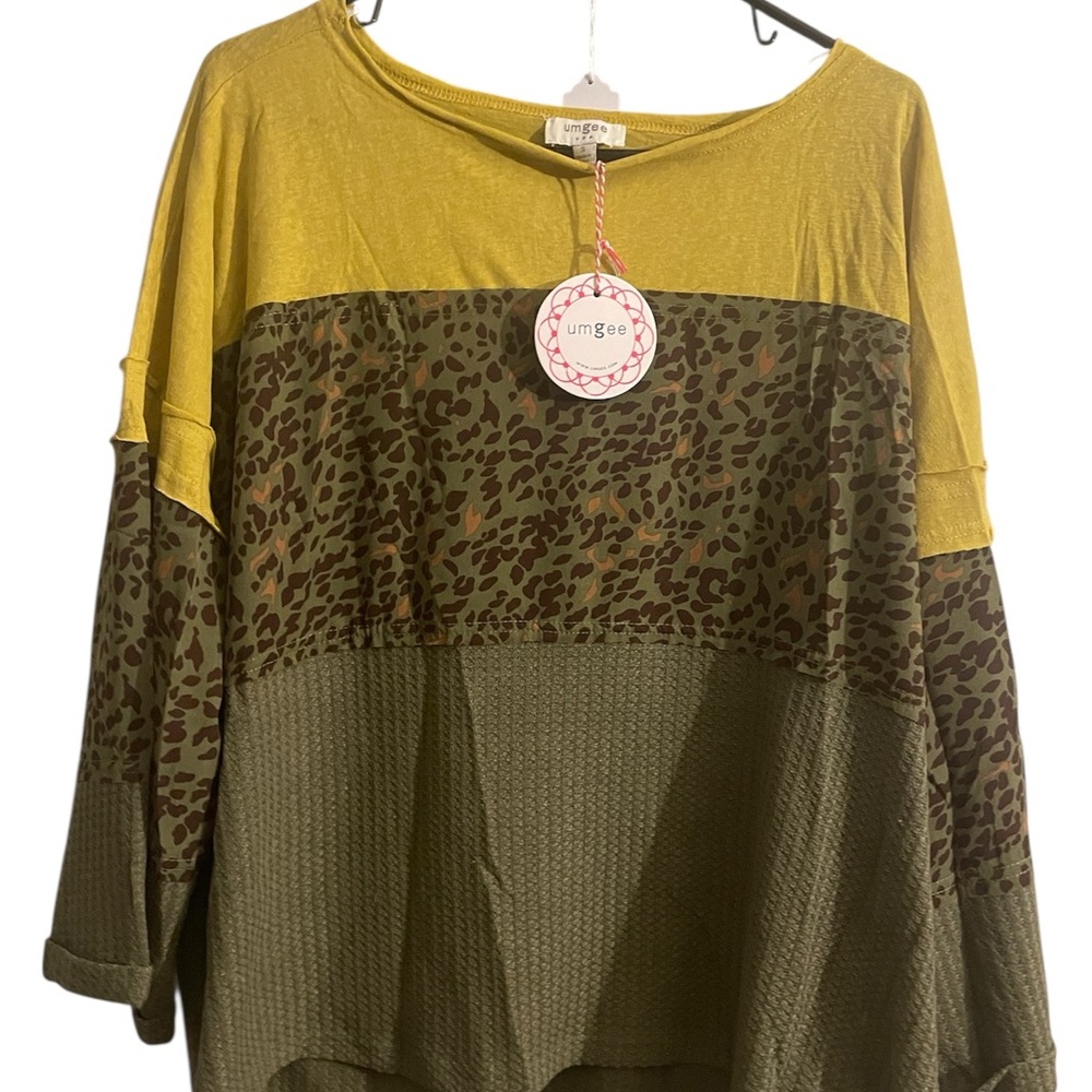 Umgee Olive and Leopard Print Top